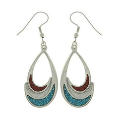 Turquoise Earrings - Pewter Teardrop Dangle Earrings with Created Turquoise and Red Stone