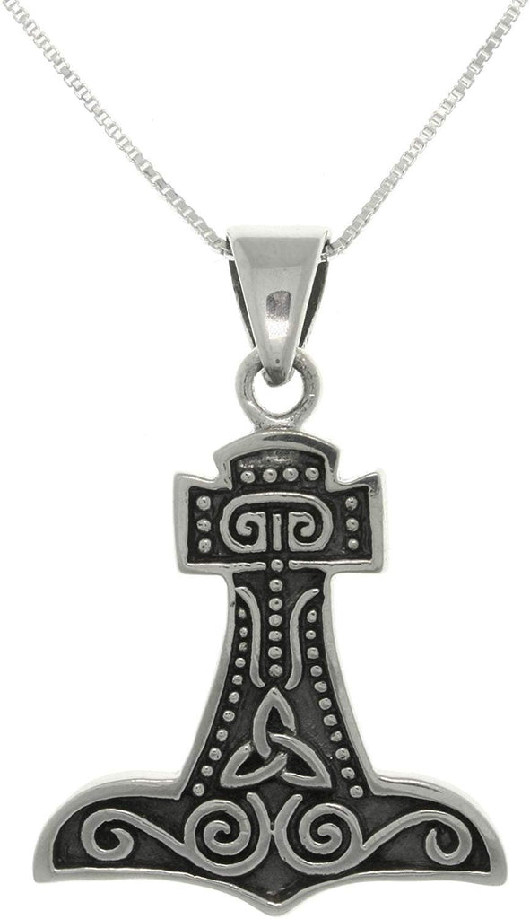 Jewelry Trends Thor's Hammer Celtic Norse Sterling Silver Pendant with 18 Inch Box Chain Necklace