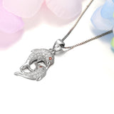 Dolphin Necklace - Sterling Silver Double Dolphin Mother and Baby CZ Crystal Pendant on 18 Inch Box Chain Necklace