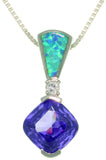 Opal Necklace - Sterling Silver Created Blue Opal with Amethyst Purple CZ Elegant Pendant on 18 Inch Box Chain Necklace