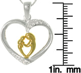 Sterling Silver CZ Pave Heart Pendant with 18k Yellow-gold Bonded Mother and Child on 18" Box Chain Necklace