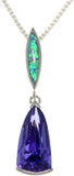 Opal Necklace - Sterling Silver Created Blue Opal Linear Pendant with Amethyst Purple CZ on Box Chain Necklace