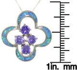 Opal Necklace -  Sterling Silver Created Blue Opal Flower Pendant with Purple CZ on 18 Inch Box Chain Necklace