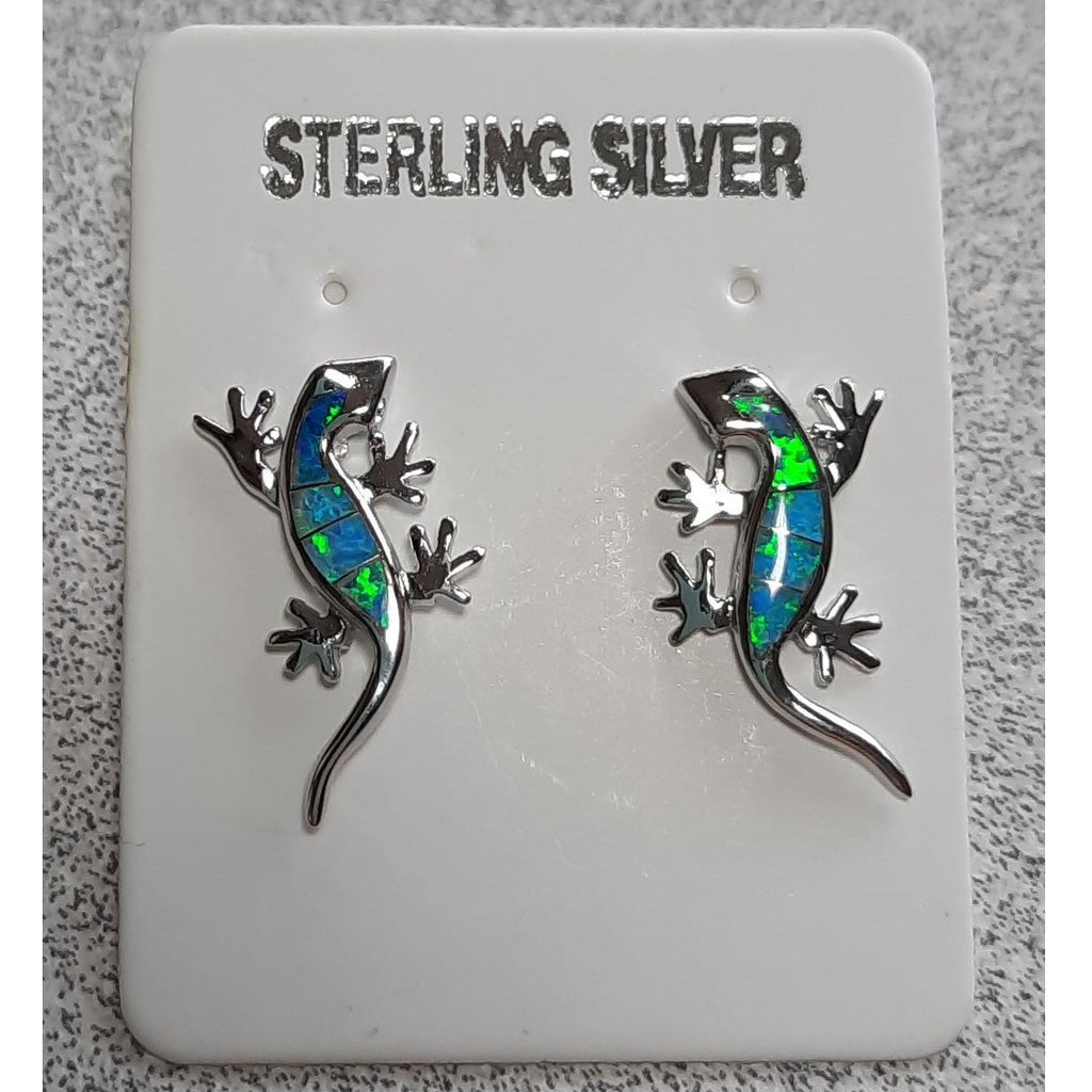 Opal Earrings - Sterling Silver Created Blue Opal Gecko Lizard Earrings