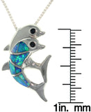 Opal Necklace - Sterling Silver Created Blue Opal with CZ Playful Dolphins Pendant with 18 Inch Box Chain Necklace