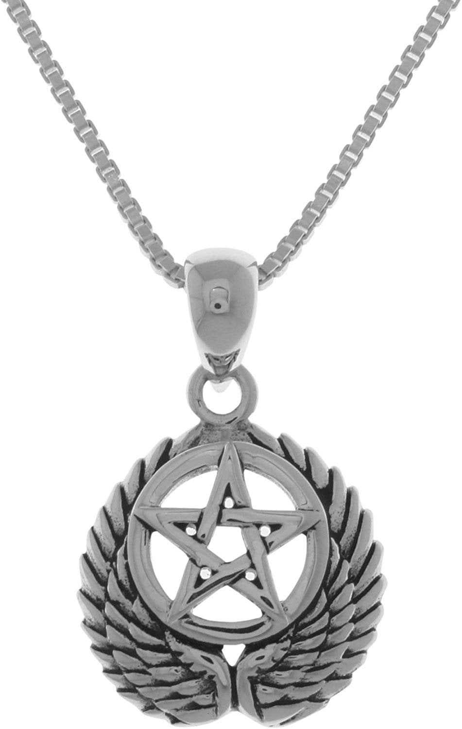 Jewelry Trends Sterling Silver Pentacle with Wings Pendant on 18 Inch Box Chain Necklace