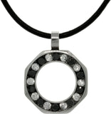 Crystal Ring Necklace - Stainless Steel Circle Pendant with Black and Clear Rhinestone Crystals on Black Leather Cord Necklace