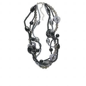 Multi-strand Bead Necklace 22" acrylic, glass and steel, black and silver, multiple bead size and shapes